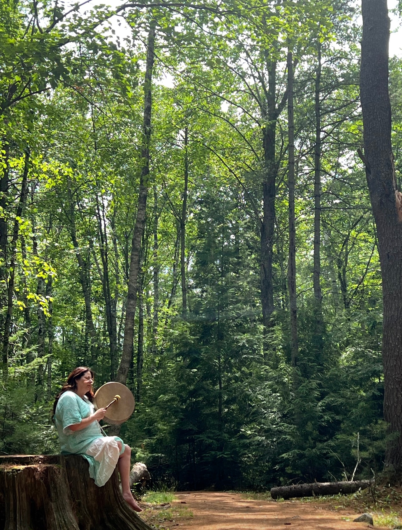 Angela playing a hand drum while sitting on a tree stump in the forest